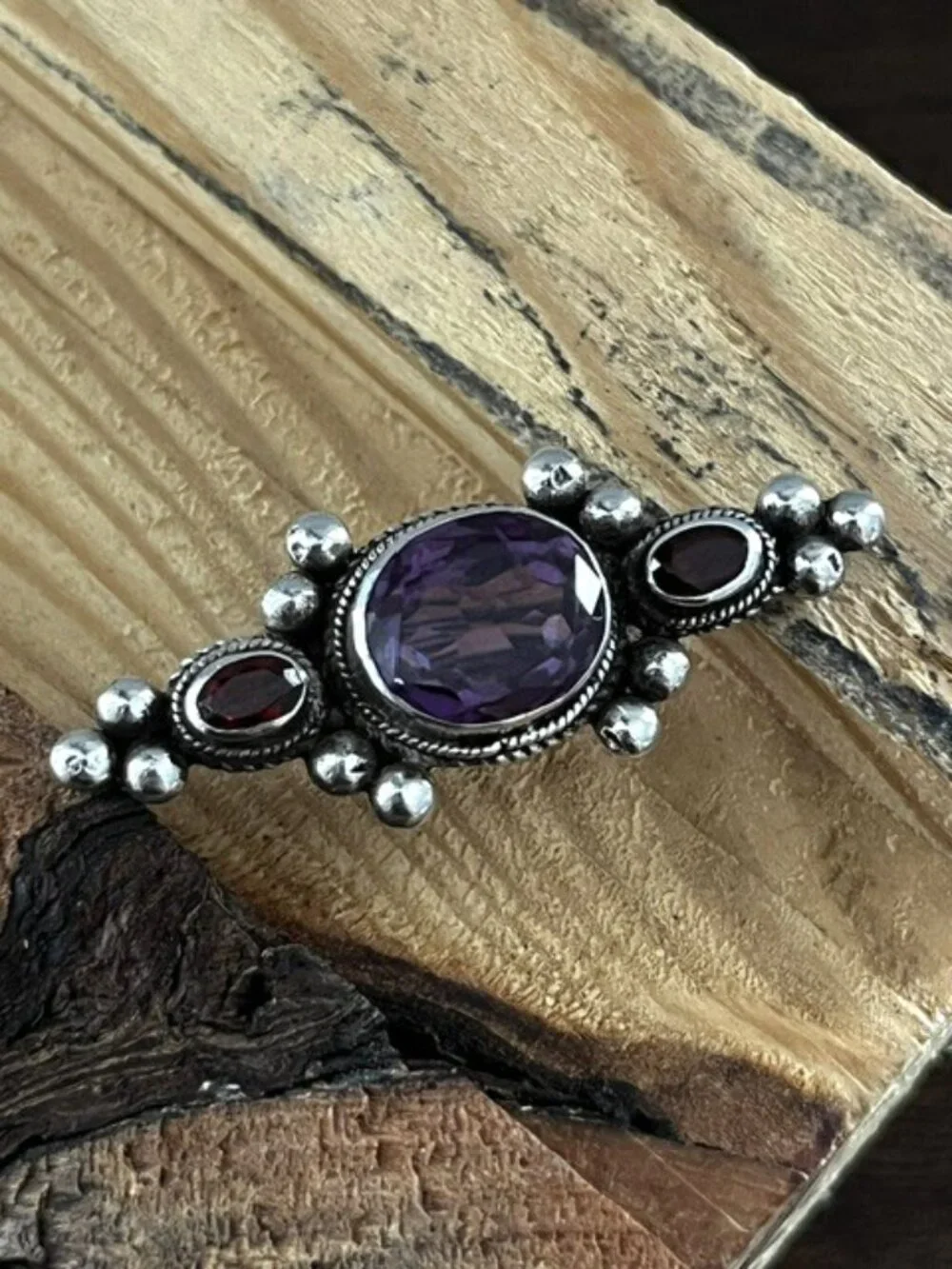 Vintage Sterling Silver Garnet Alexandrite Brooch Pin